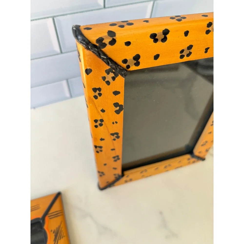 Vintage African Safari Wood Picture Frames Set of 2 Zebra‎ Leopard Tribal 4x6